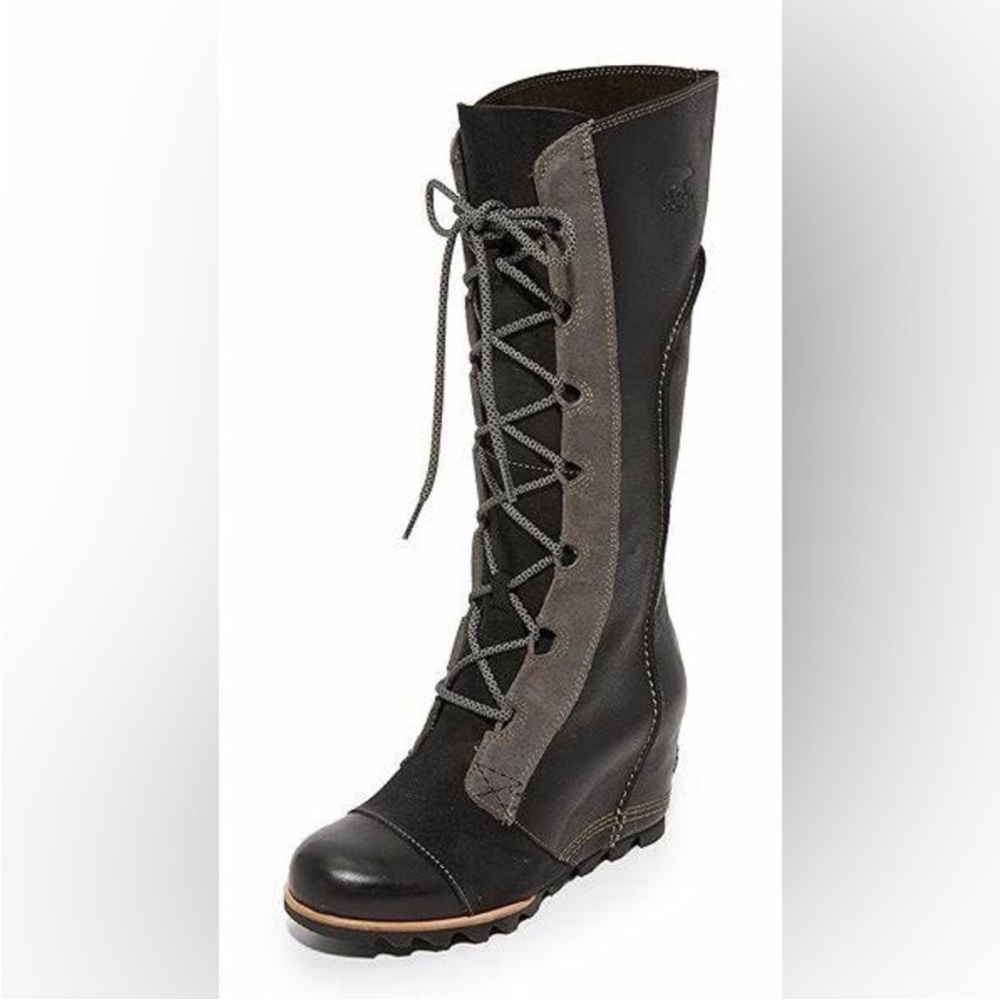 Sorel Cate the Great Wedge Lace Up Moto Rare Black Grey Gray Knee High Boots 9 - Picture 8 of 16